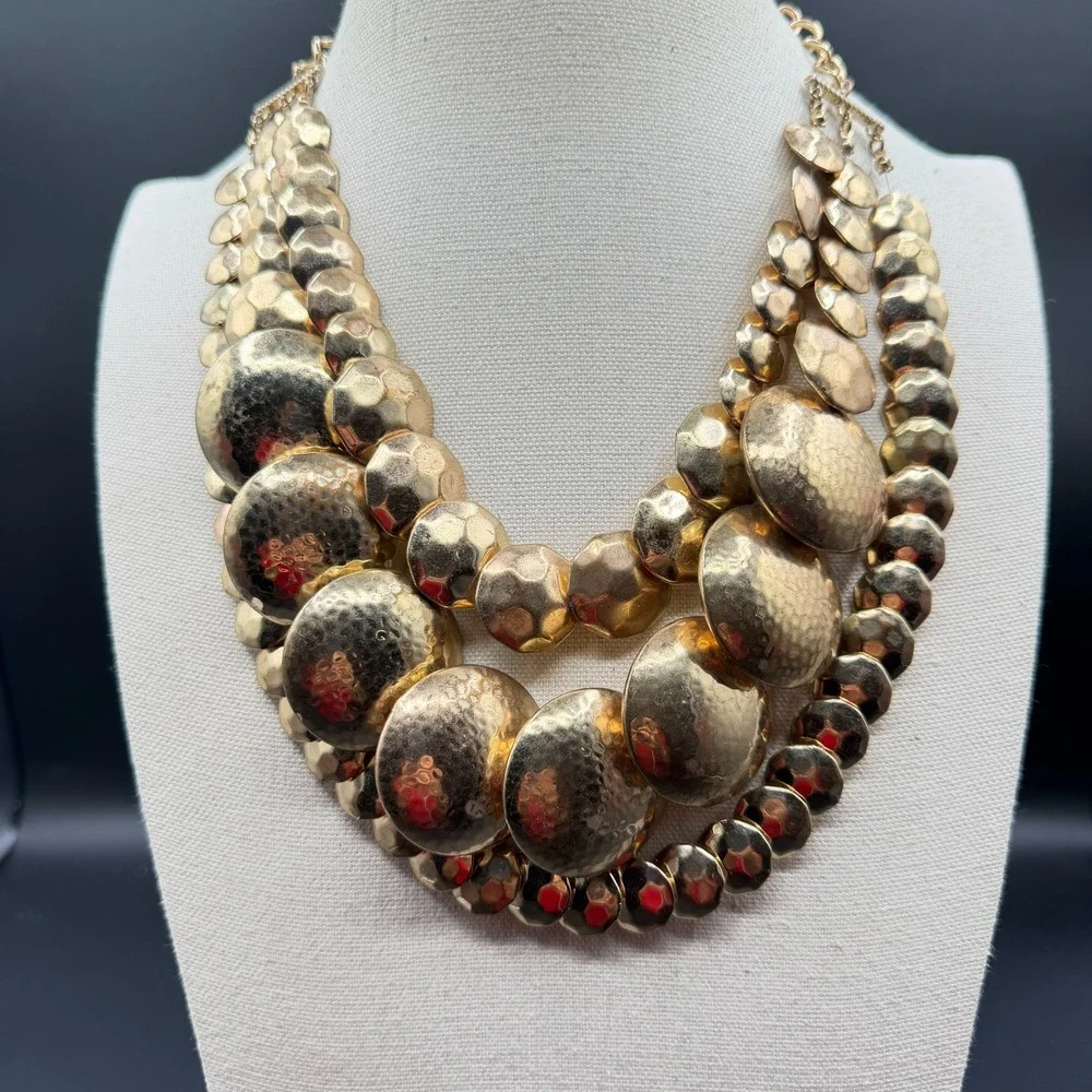 Gold Tone Hammered Disc Multi Strand Statement Bib Necklace Bold Chunky Layered